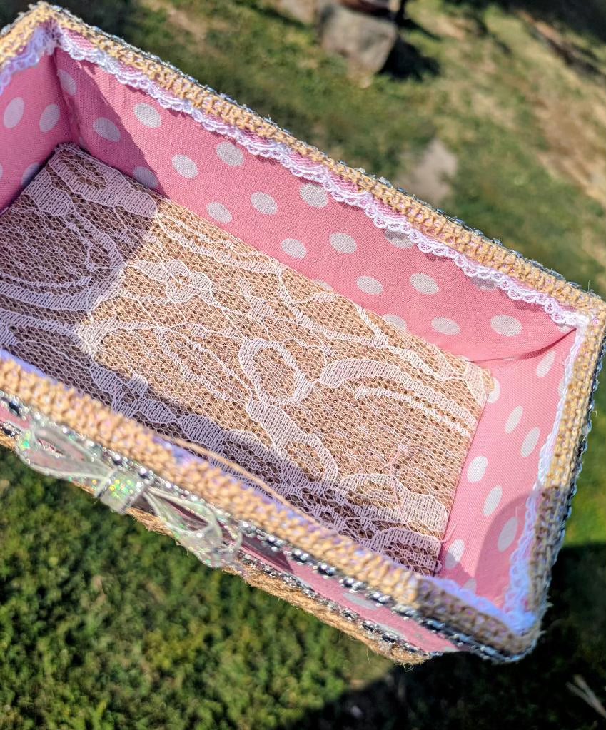 Pink Polka Dot Burlap Jute Decorative Organizer Tray, Rectangular Lined Lace, 1 Pack